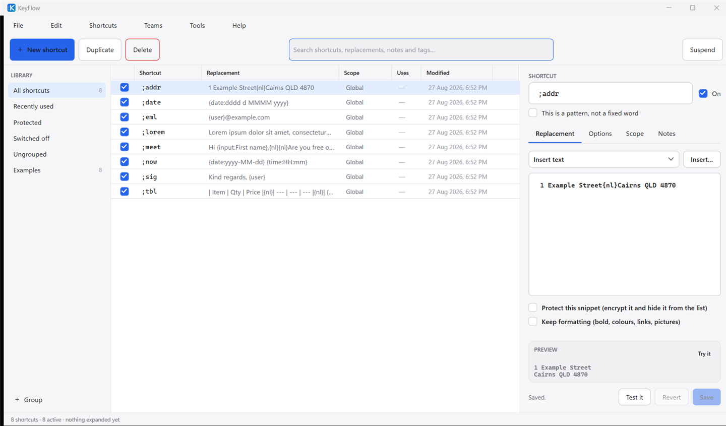 The KeySnap window: folders on the left, a list of shortcuts in the middle, and the editor on the right.